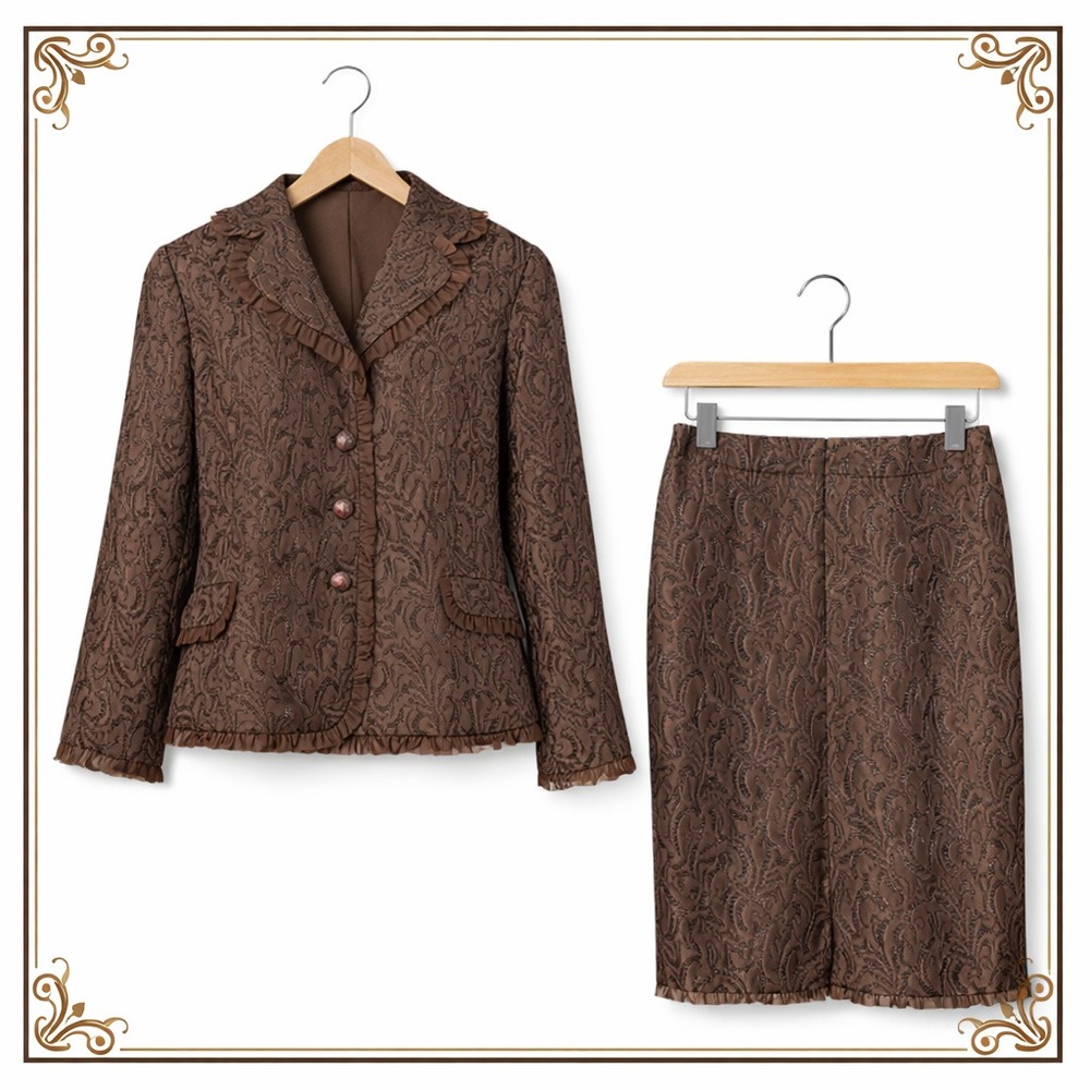 Chocolate Brown Brocade Skirt Suit Set Ruffle Trim Womens 14 Event Wedding 2pc
